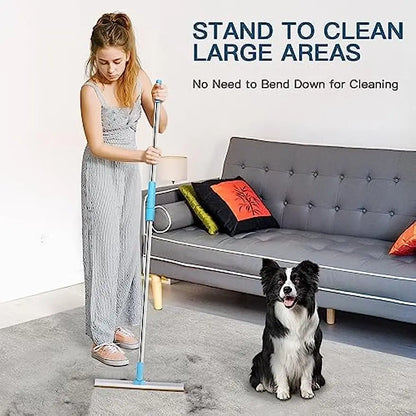 Professional Carpet Rake and Pet Hair Removal Tool with Telescopic Handle and 180° Rotation for Effective Dog and Cat Hair Removal